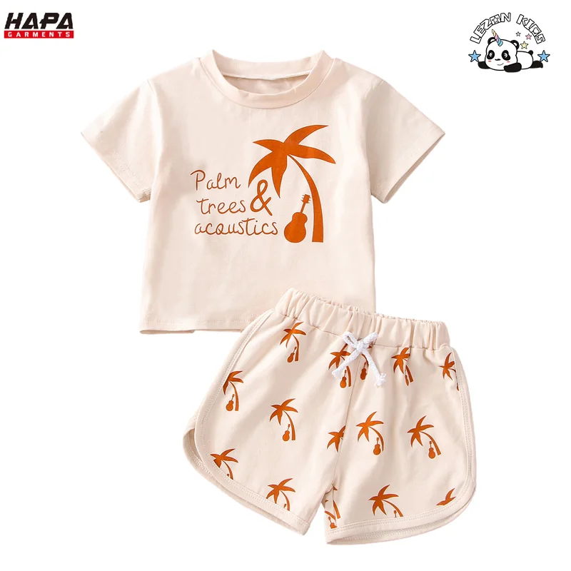 LEZONKIDS - 2024 Most Popular Pure Cotton Children Suit Knitted Coconut Print Casual Tops and Shorts Boy Set
